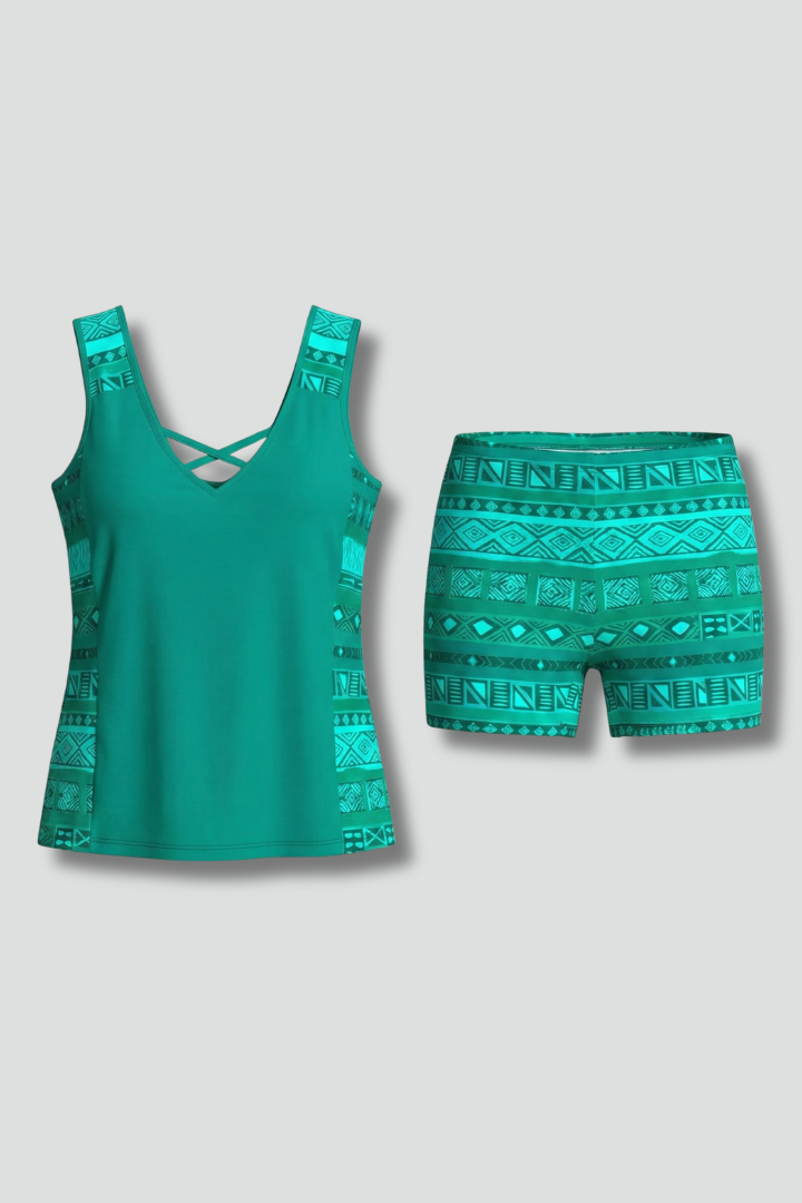 Maillot de bain deux pièces pour femme — Tankini à décolleté en V avec imprimé géométrique — Vert profond