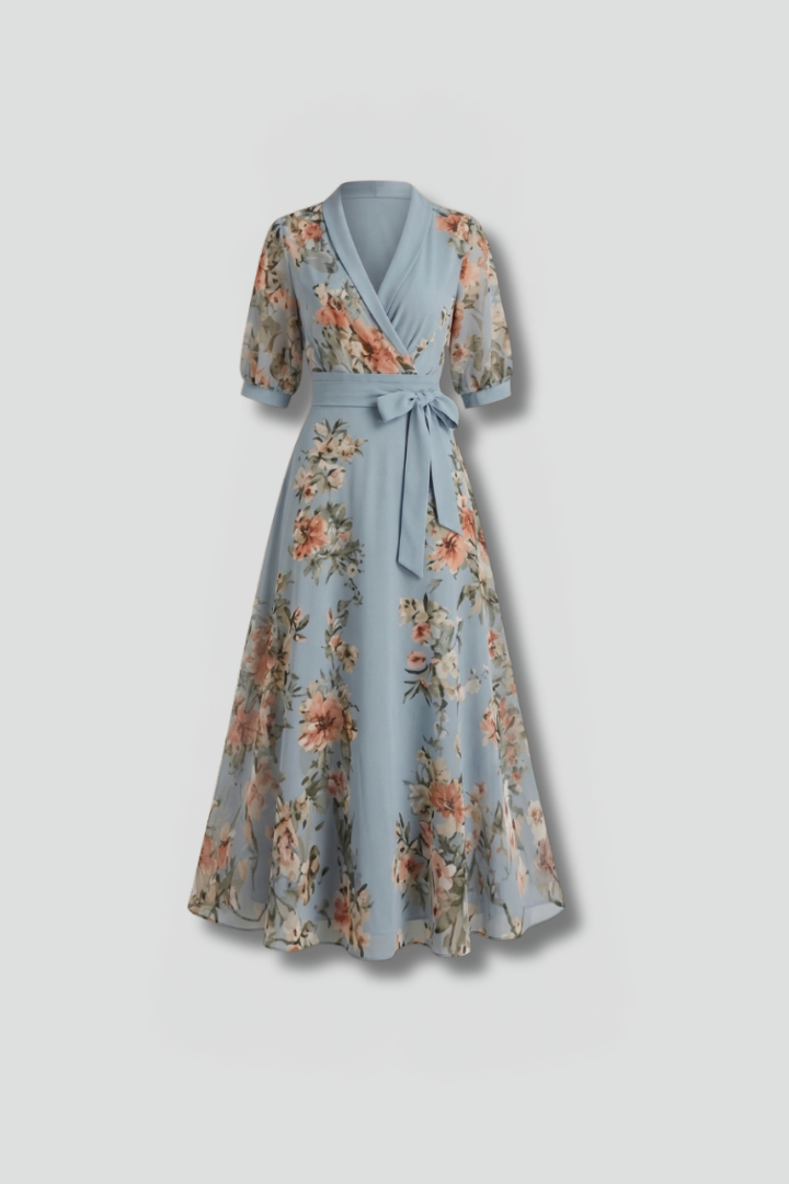 Mid-length dress for women — flared model with floral print printed — Blue