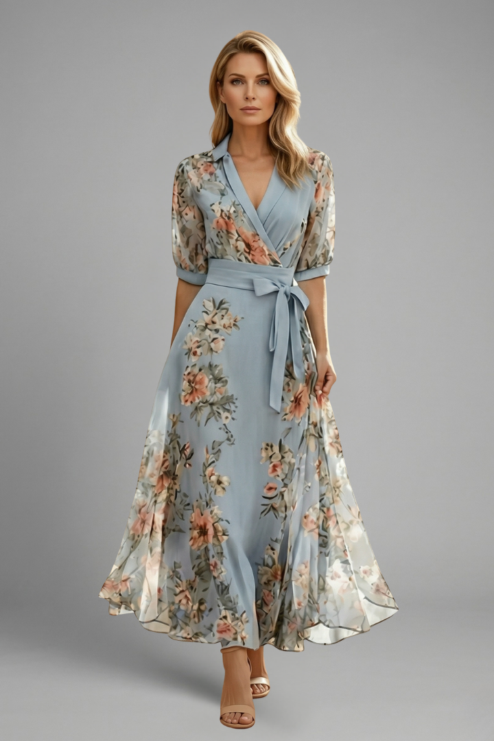 Mid-length dress for women — flared model with floral print printed — Blue