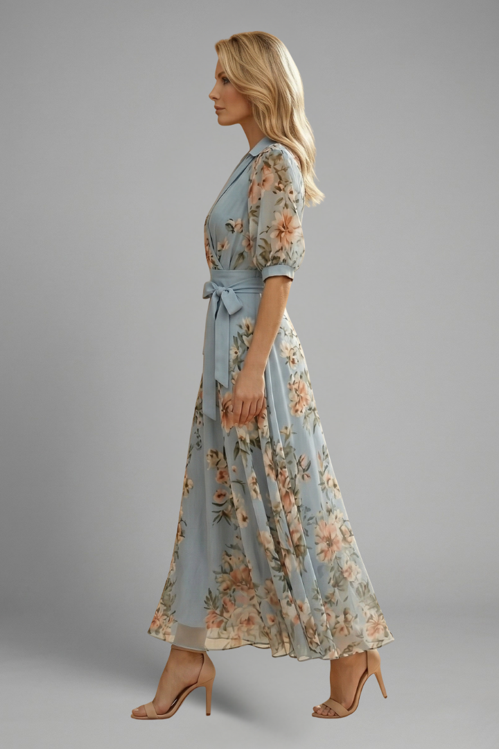 Mid-length dress for women — flared model with floral print printed — Blue