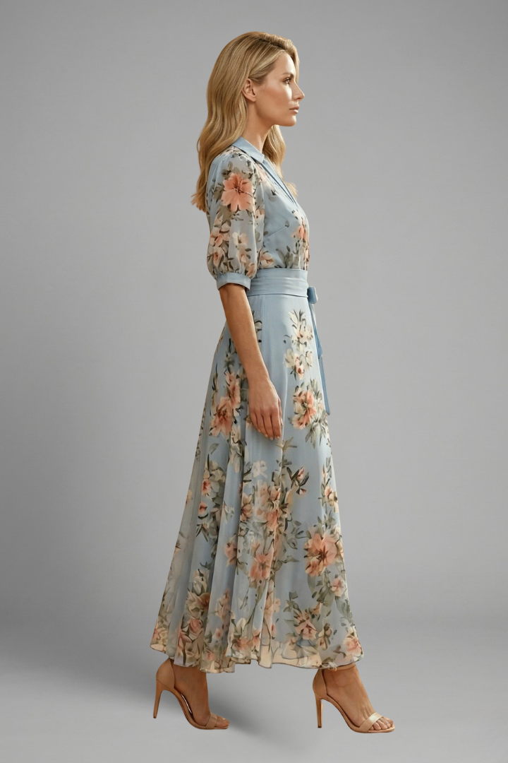 Mid-length dress for women — flared model with floral print printed — Blue