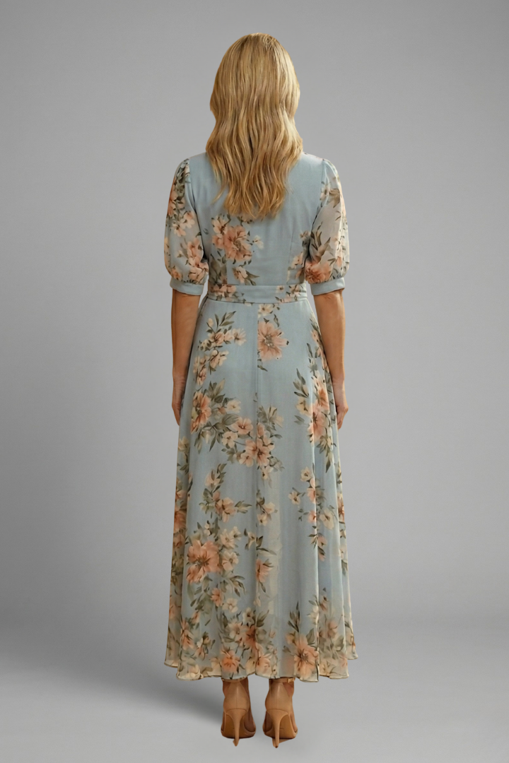 Mid-length dress for women — flared model with floral print printed — Blue
