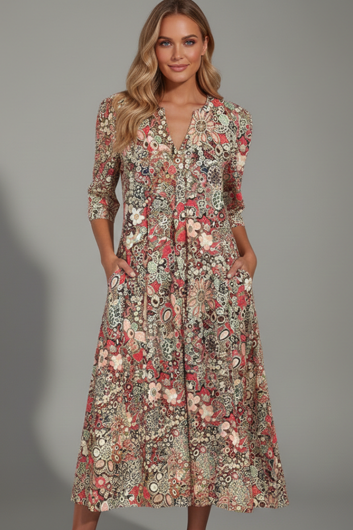 Women's Flowy Floral Midi Dress — Red