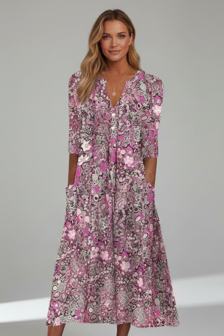 Women's Flowy Floral Midi Dress — Rose Red