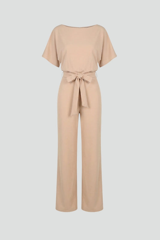 Women's jumpsuit — plain flared style without visible zipper — Beige