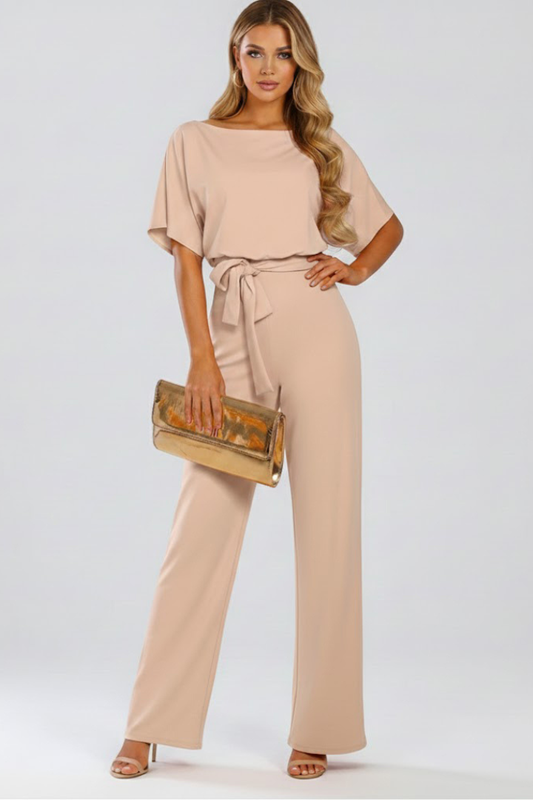 Women's jumpsuit — plain flared style without visible zipper — Beige