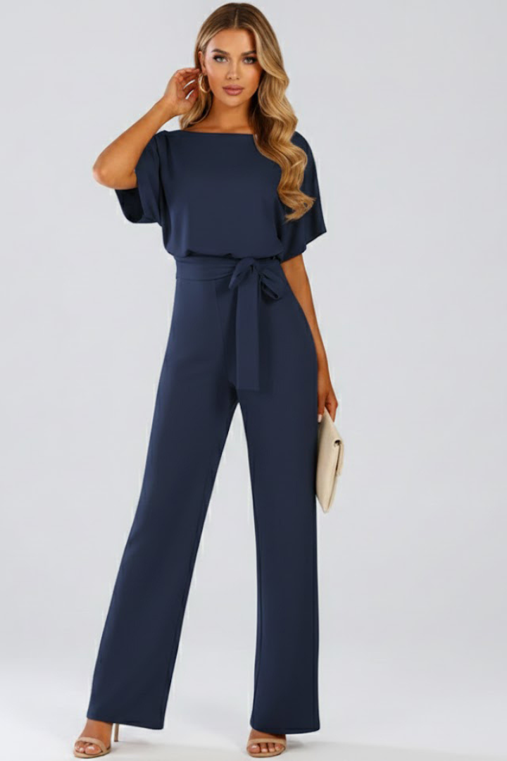 Women's jumpsuit — plain flared style without visible zipper — Navy Blue