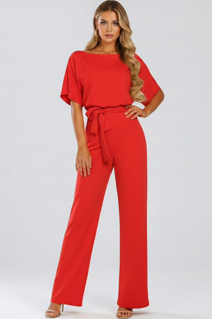 Women's jumpsuit — plain flared style without visible zipper — Red