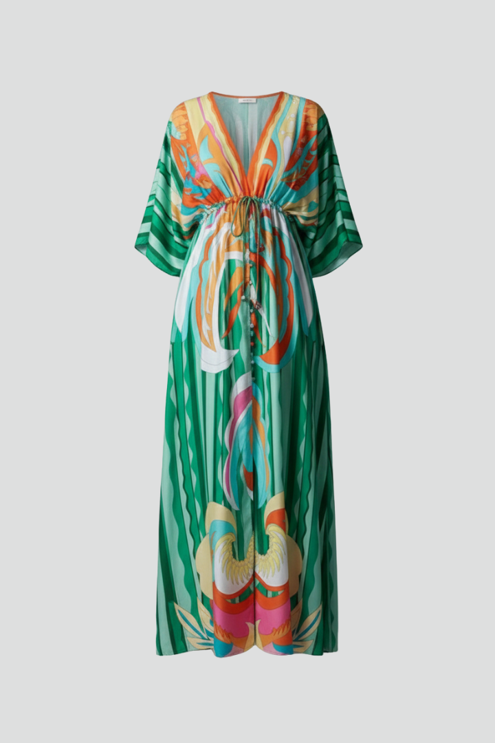 Long dress for women — loose fit printed with drawstring | vacation — Green