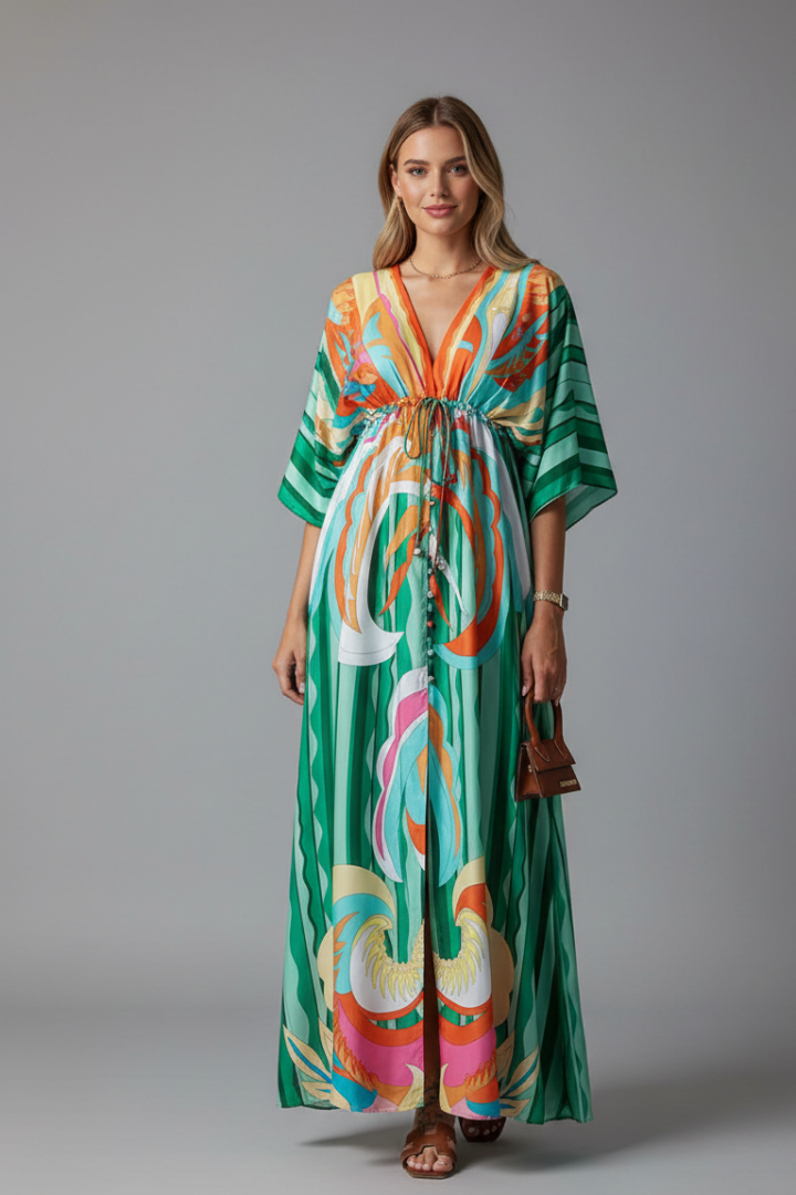 Long dress for women — loose fit printed with drawstring | vacation — Green