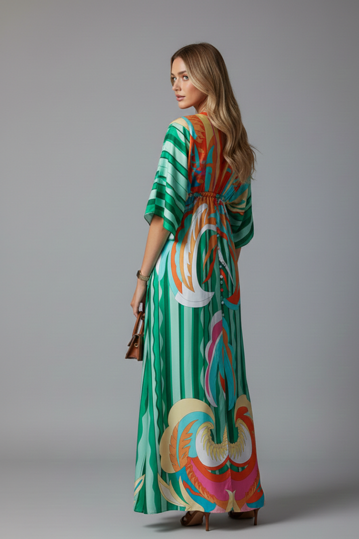 Long dress for women — loose fit printed with drawstring | vacation — Green