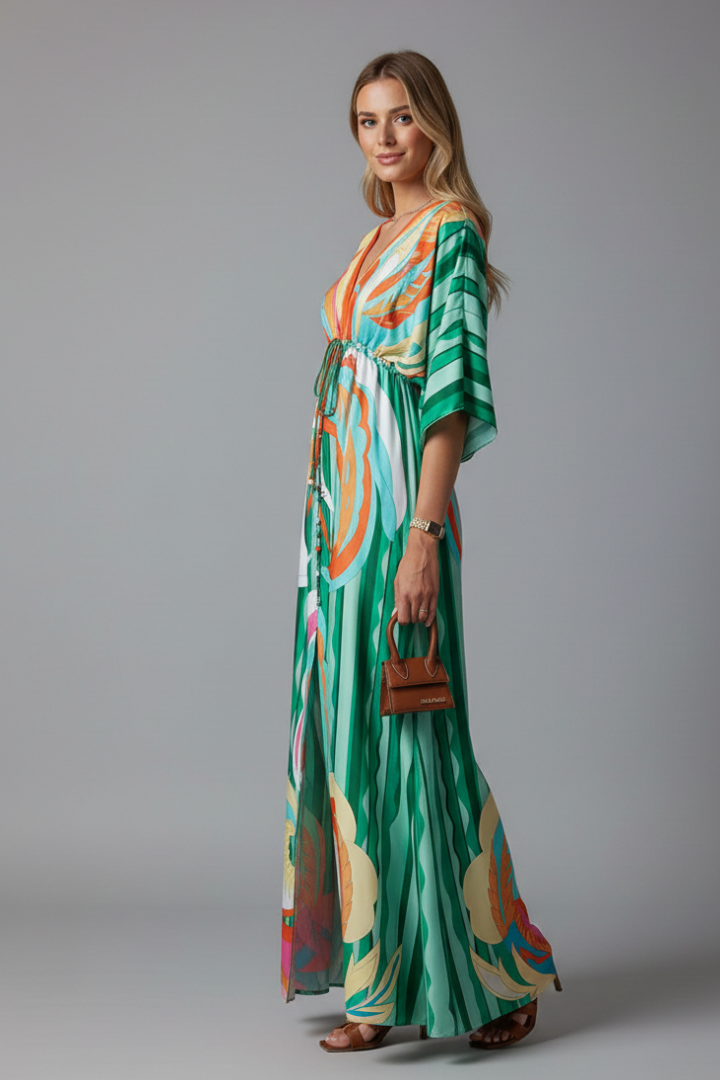Long dress for women — loose fit printed with drawstring | vacation — Green