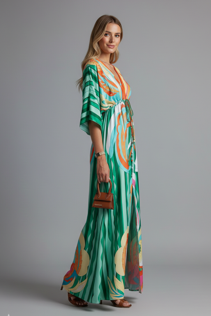 Long dress for women — loose fit printed with drawstring | vacation — Green
