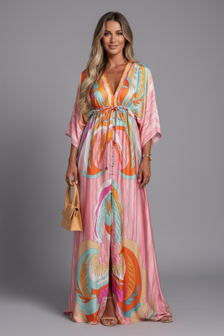 Long dress for women — loose fit printed with drawstring | vacation — Pink