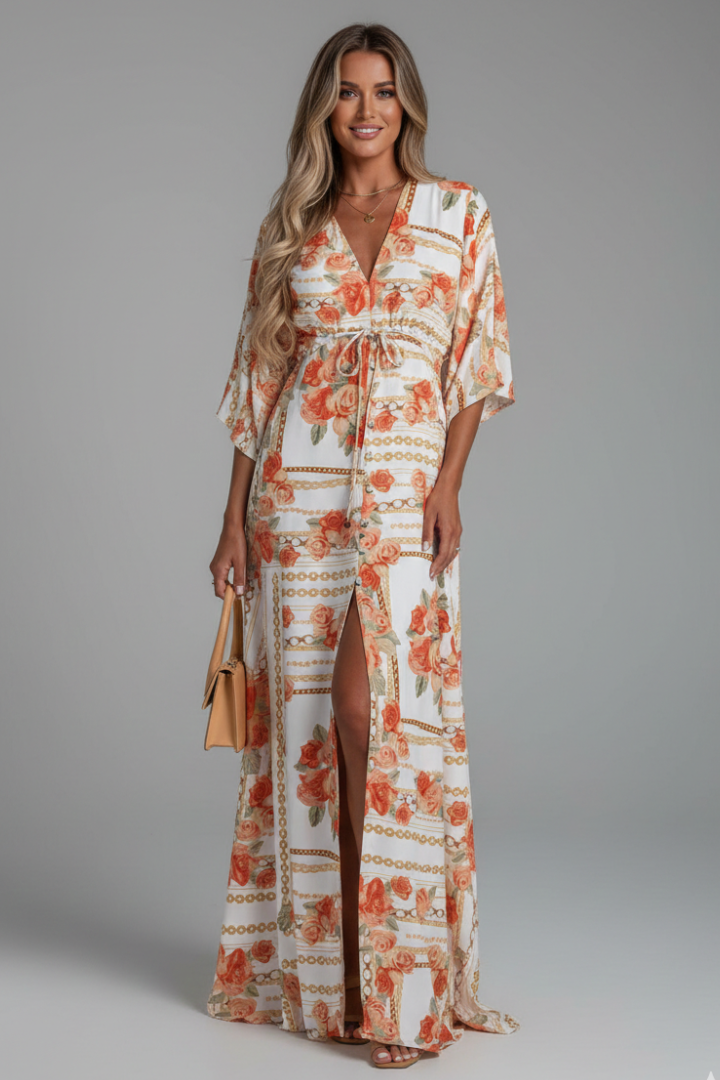 Long dress for women — loose fit printed with drawstring | vacation — Apricot