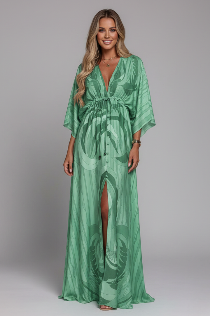 Long dress for women — loose fit printed with drawstring | vacation — Light Green
