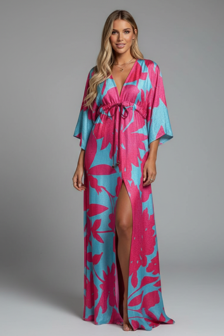 Long dress for women — loose fit printed with drawstring | vacation — Pink and blue
