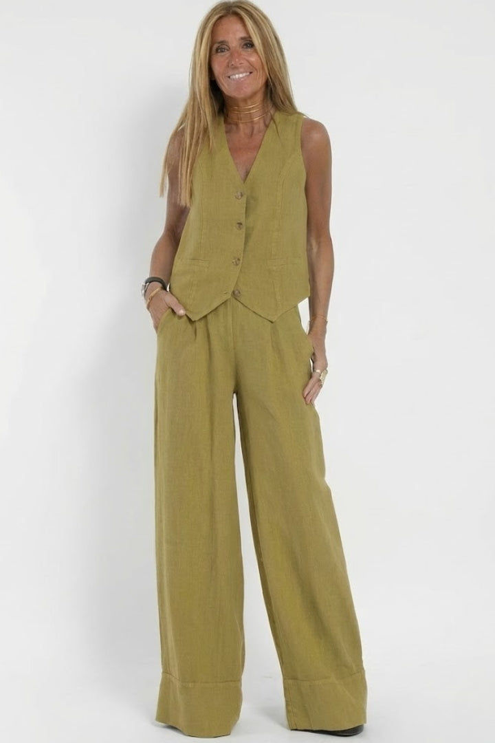 Two-piece women's outfit — V-neck blazer and straight fluid pants — Olive Green