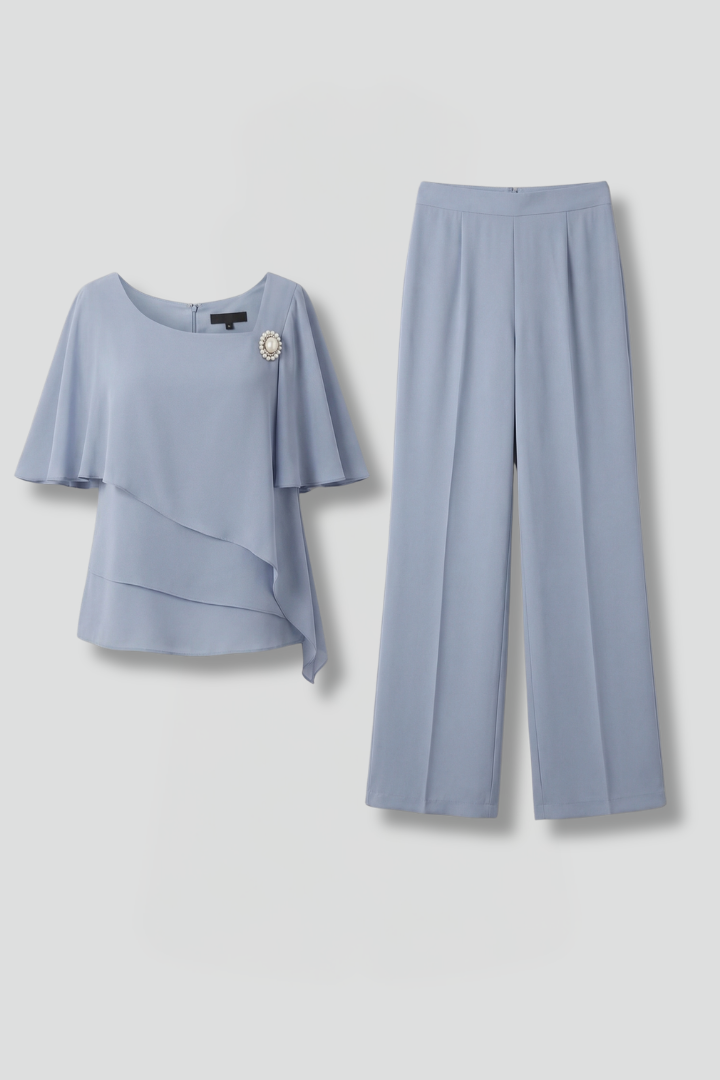 Women's tunic and pants set — fluid straight style without buttons — Blue