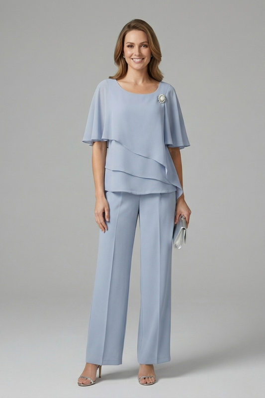 Women's tunic and pants set — fluid straight style without buttons — Blue