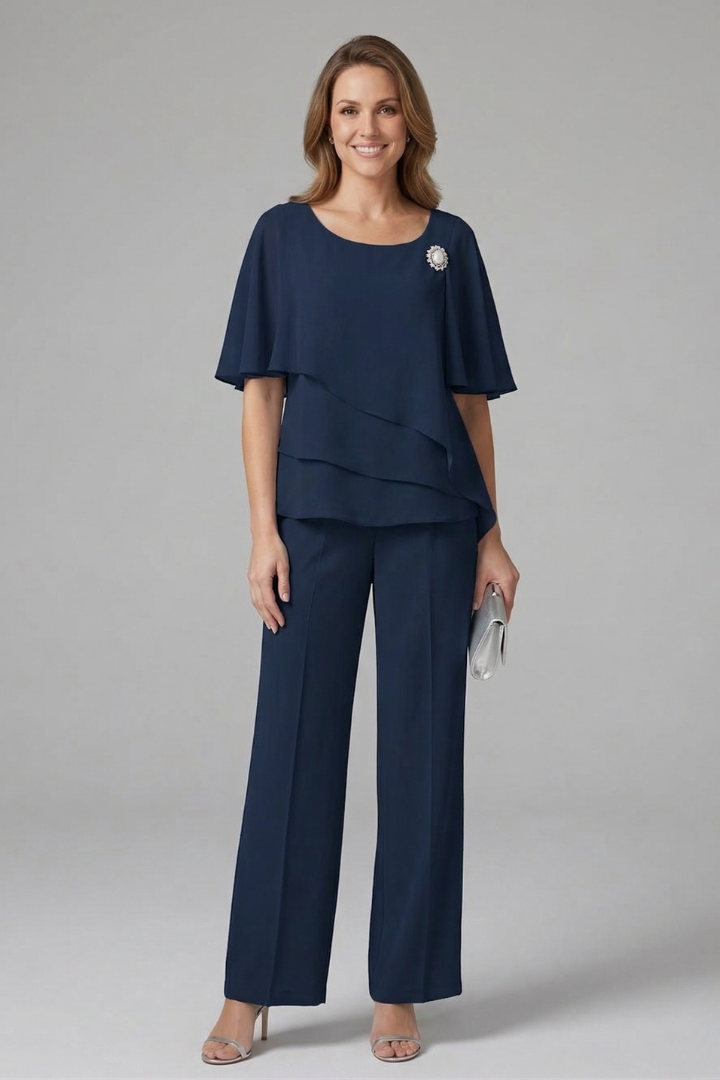 Women's tunic and pants set — fluid straight style without buttons — Navy Blue
