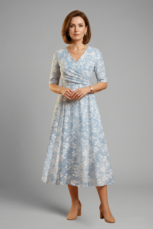 Long mid-length women's top — plain straight dress with short sleeves — Blue
