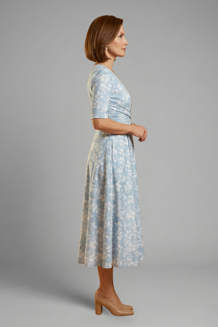 Long mid-length women's top — plain straight dress with short sleeves — Blue