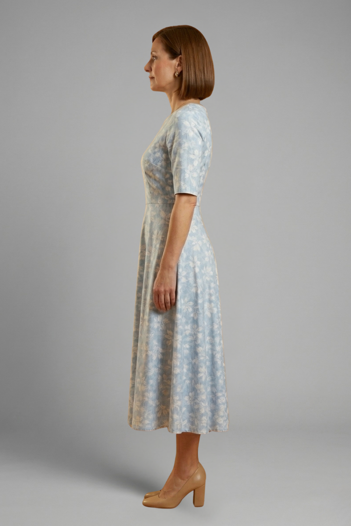 Long mid-length women's top — plain straight dress with short sleeves — Blue
