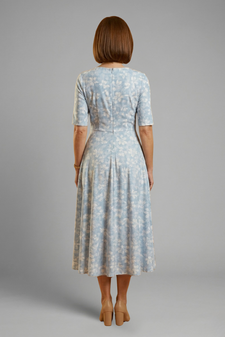 Long mid-length women's top — plain straight dress with short sleeves — Blue