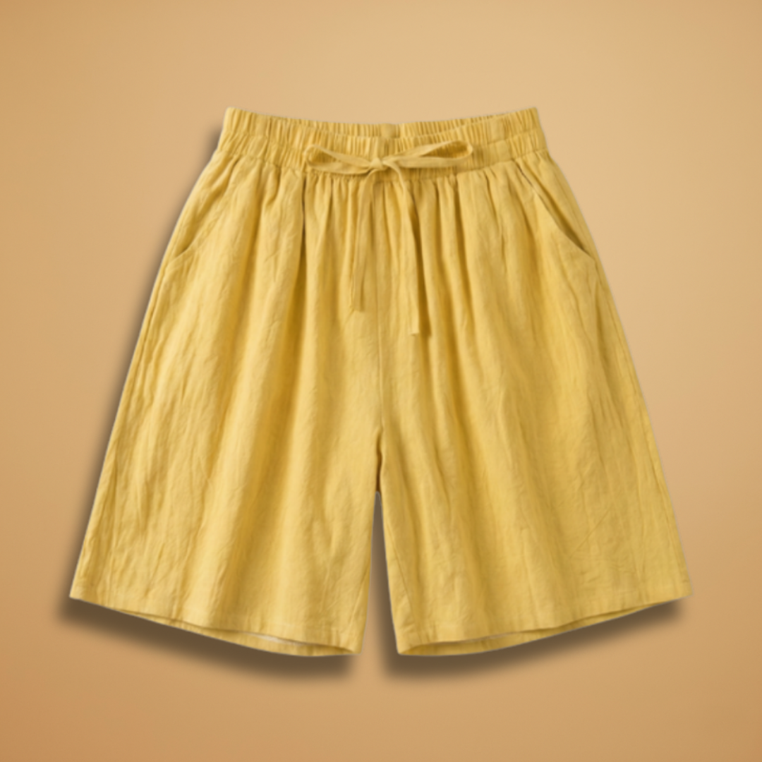 Short knee-length women's pants — wide short pants with gathered waist — Yellow