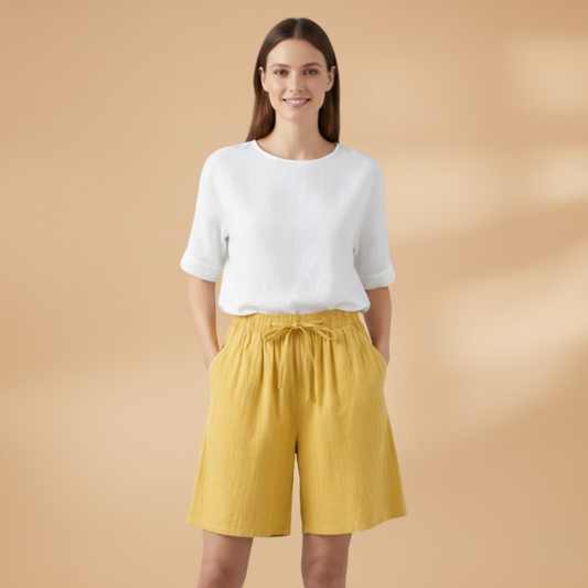 Short knee-length women's pants — wide short pants with gathered waist — product view