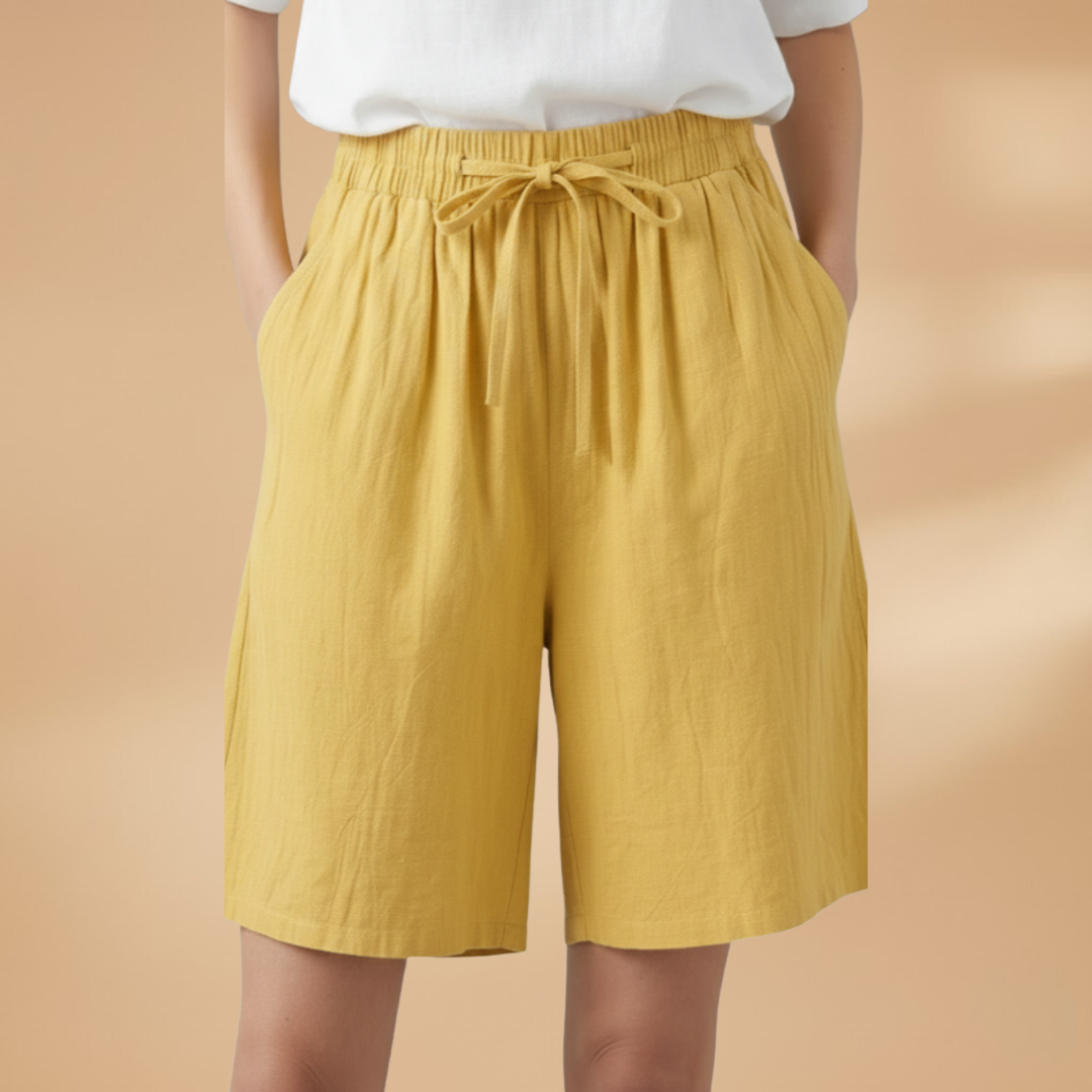 Short knee-length women's pants — wide short pants with gathered waist — Yellow