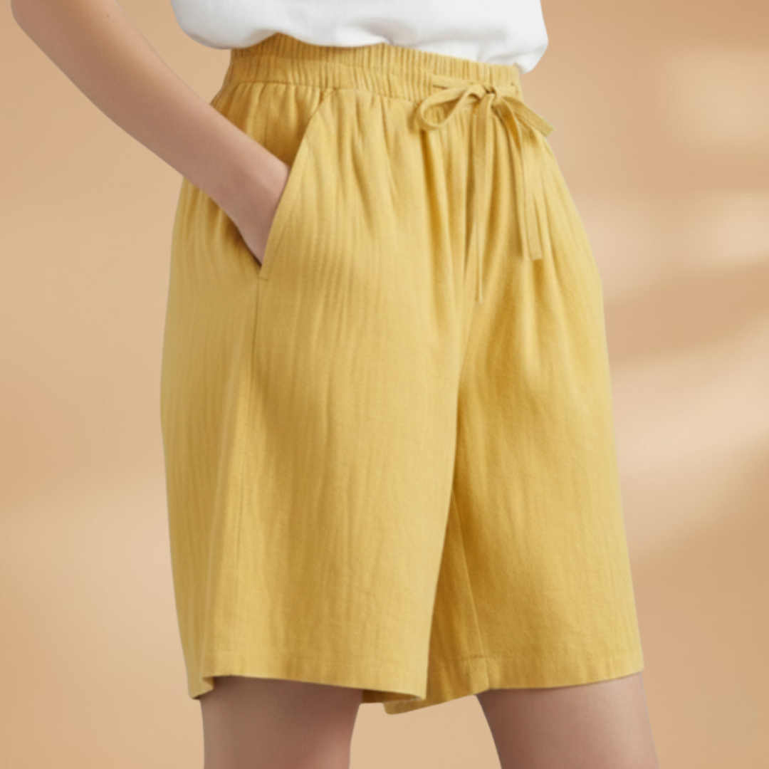 Short knee-length women's pants — wide short pants with gathered waist — product view