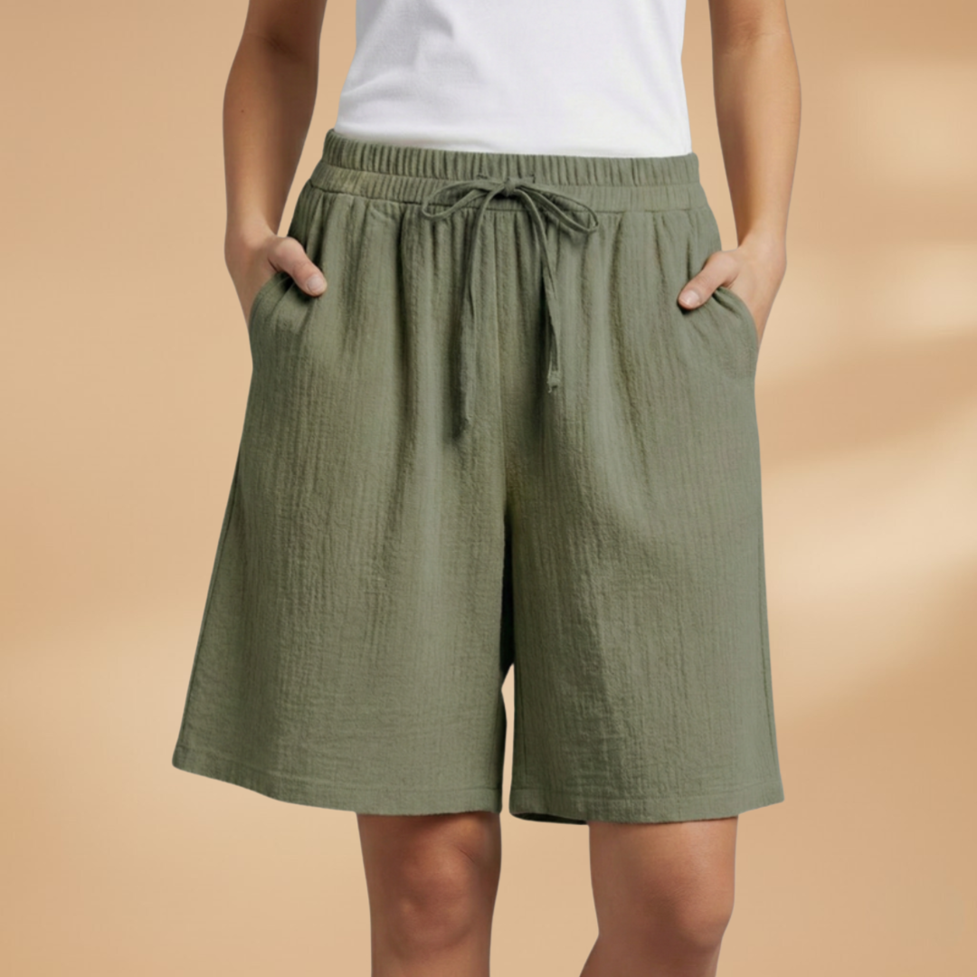 Short knee-length women's pants — wide short pants with gathered waist — Army Green