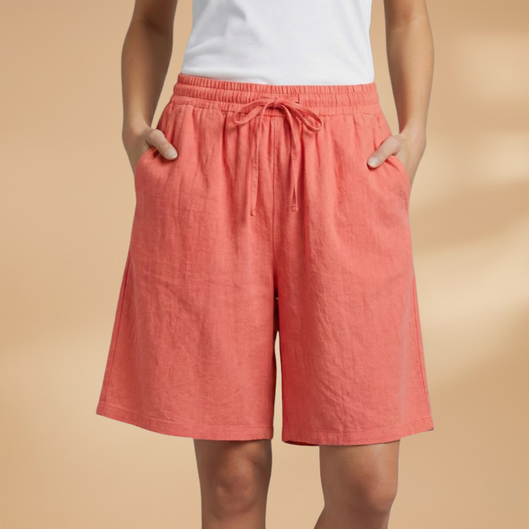 Short knee-length women's pants — wide short pants with gathered waist — Coral Red