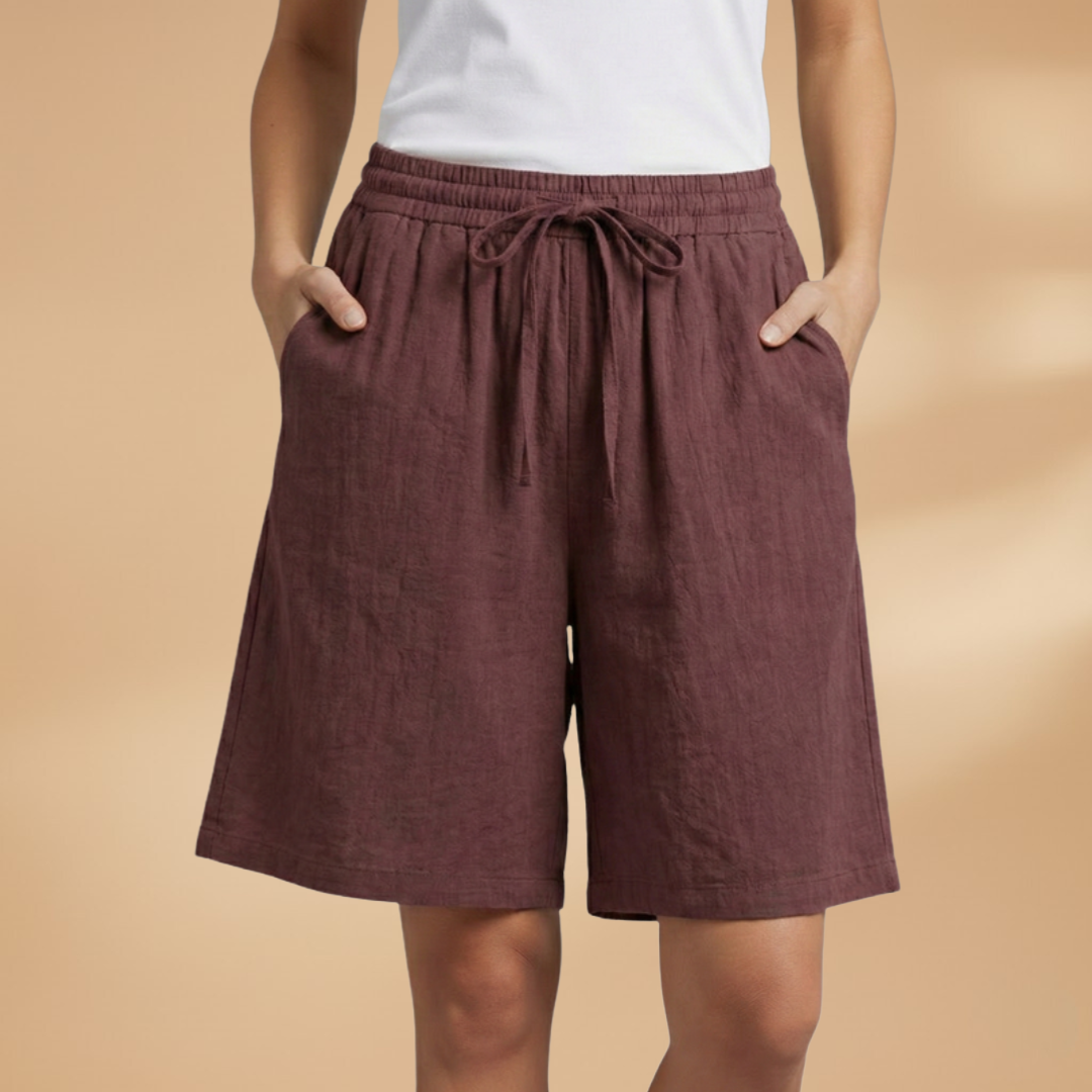 Short knee-length women's pants — wide short pants with gathered waist — Coffee