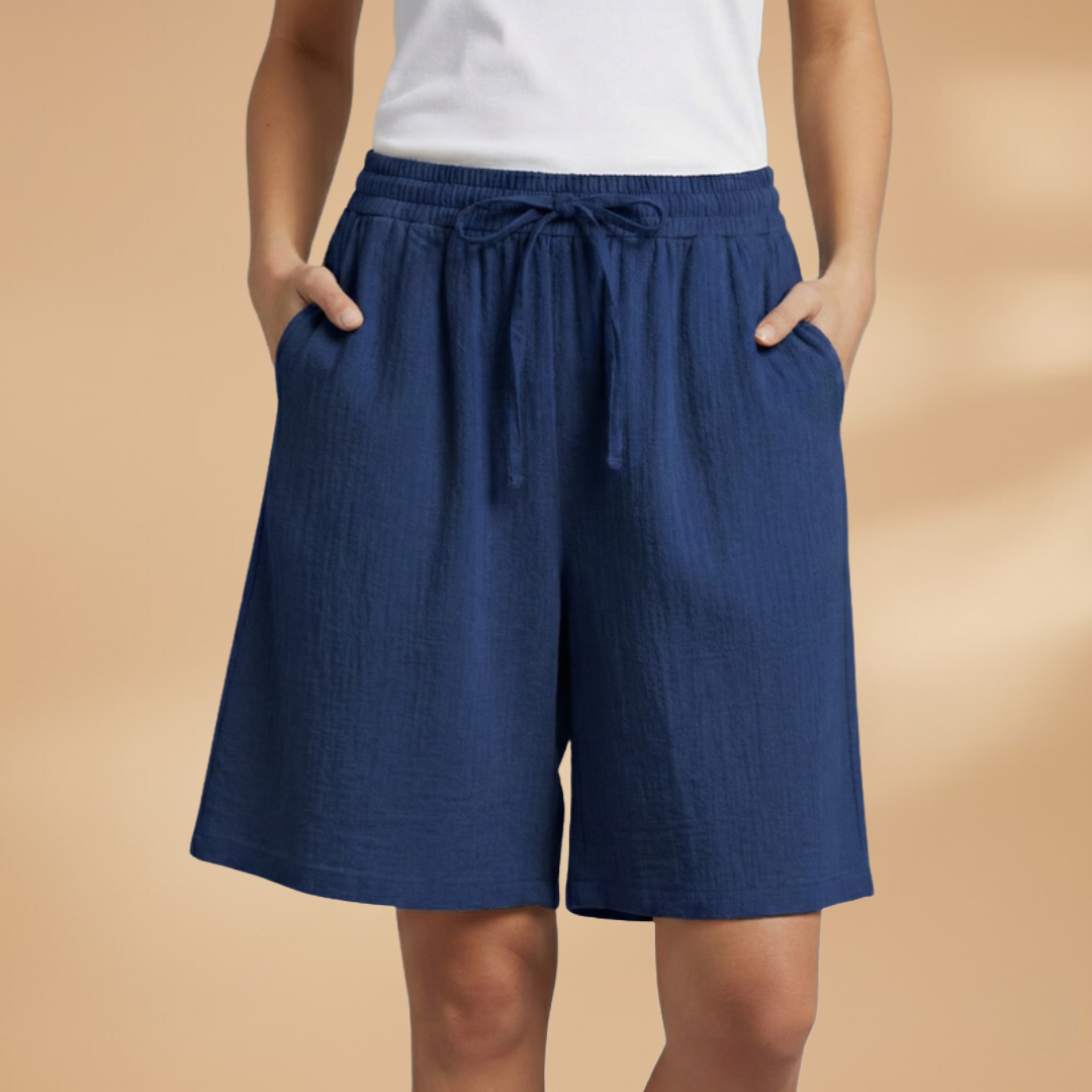 Short knee-length women's pants — wide short pants with gathered waist — Dark Blue