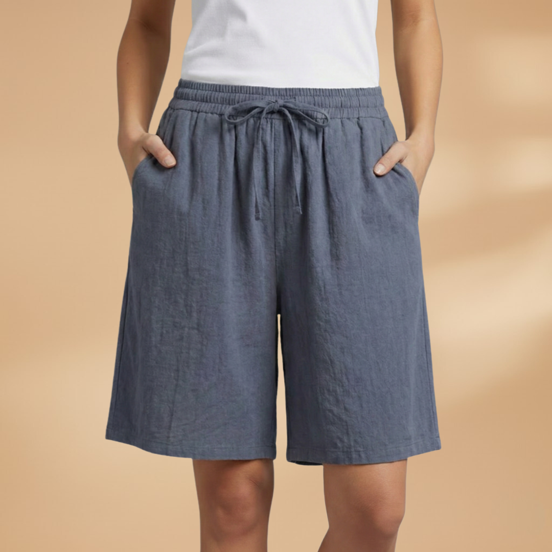 Short knee-length women's pants — wide short pants with gathered waist — Dark Grey