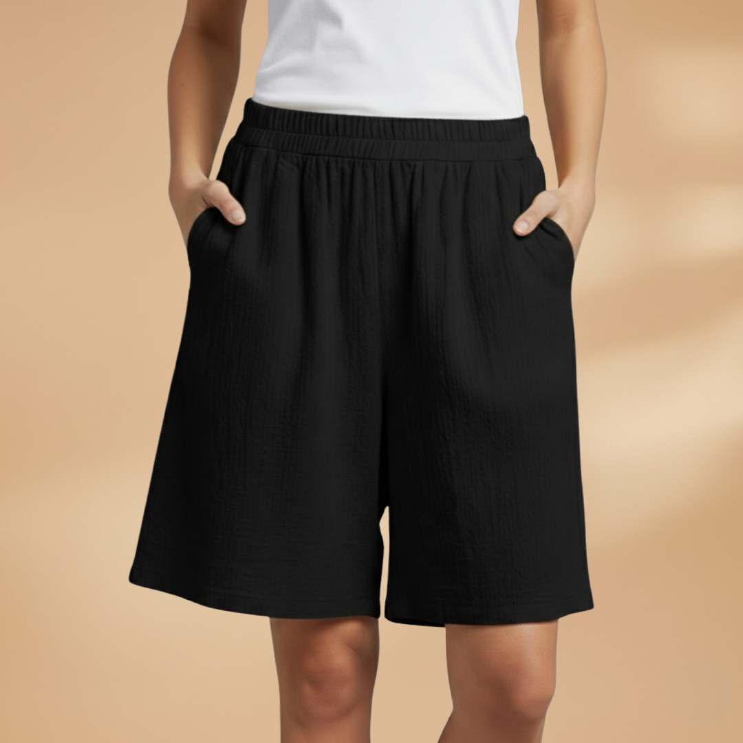 Short knee-length women's pants — wide short pants with gathered waist — Black