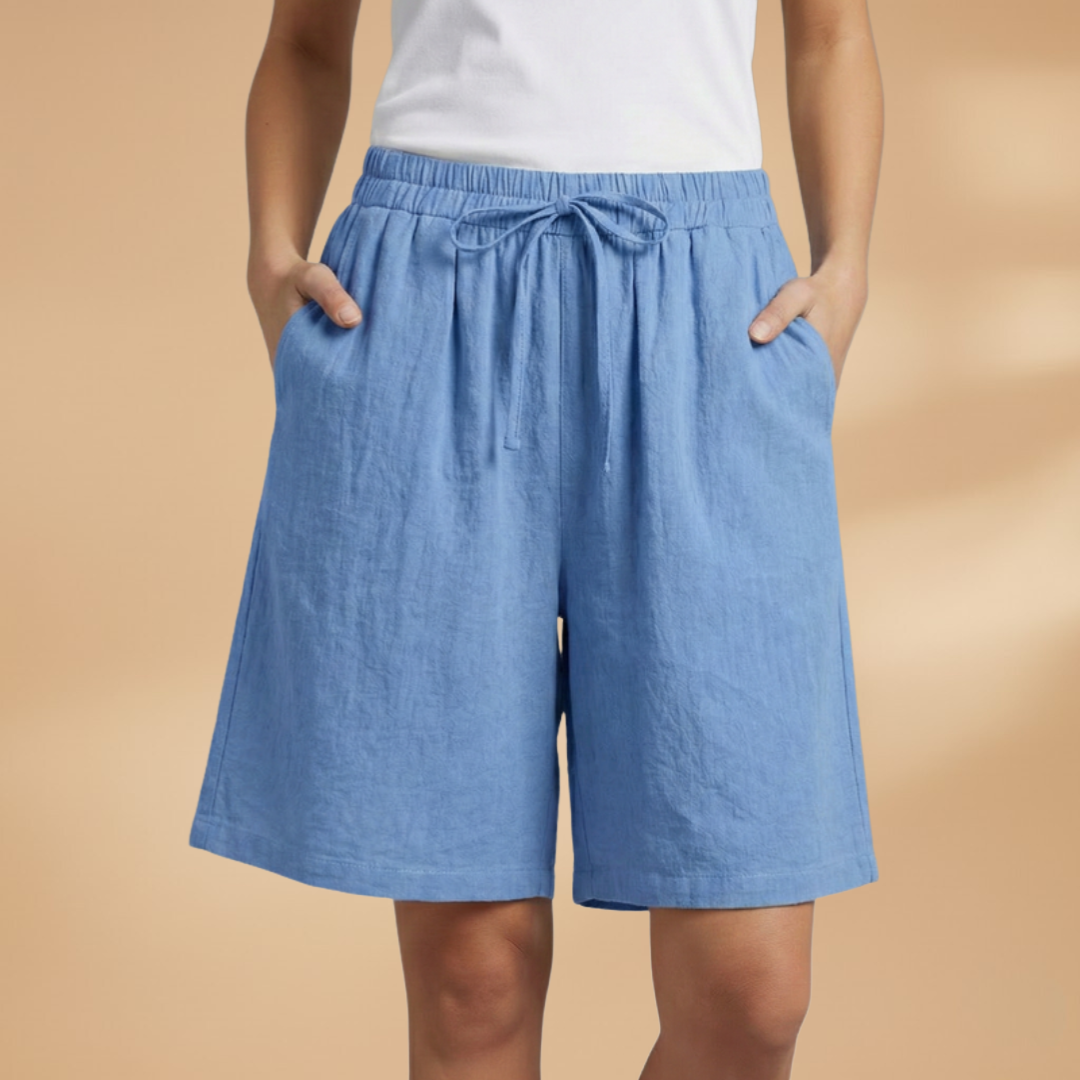 Short knee-length women's pants — wide short pants with gathered waist — Blue