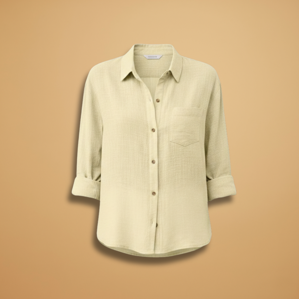 Short buttoned tunic for women — fitted solid top without pockets — Khaki