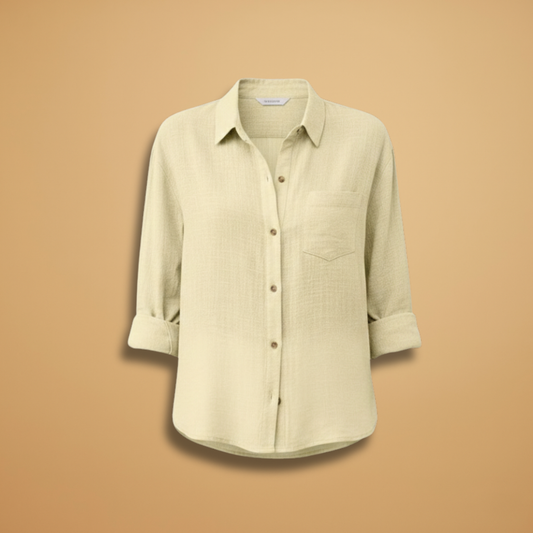 Short buttoned tunic for women — fitted solid top without pockets — Khaki