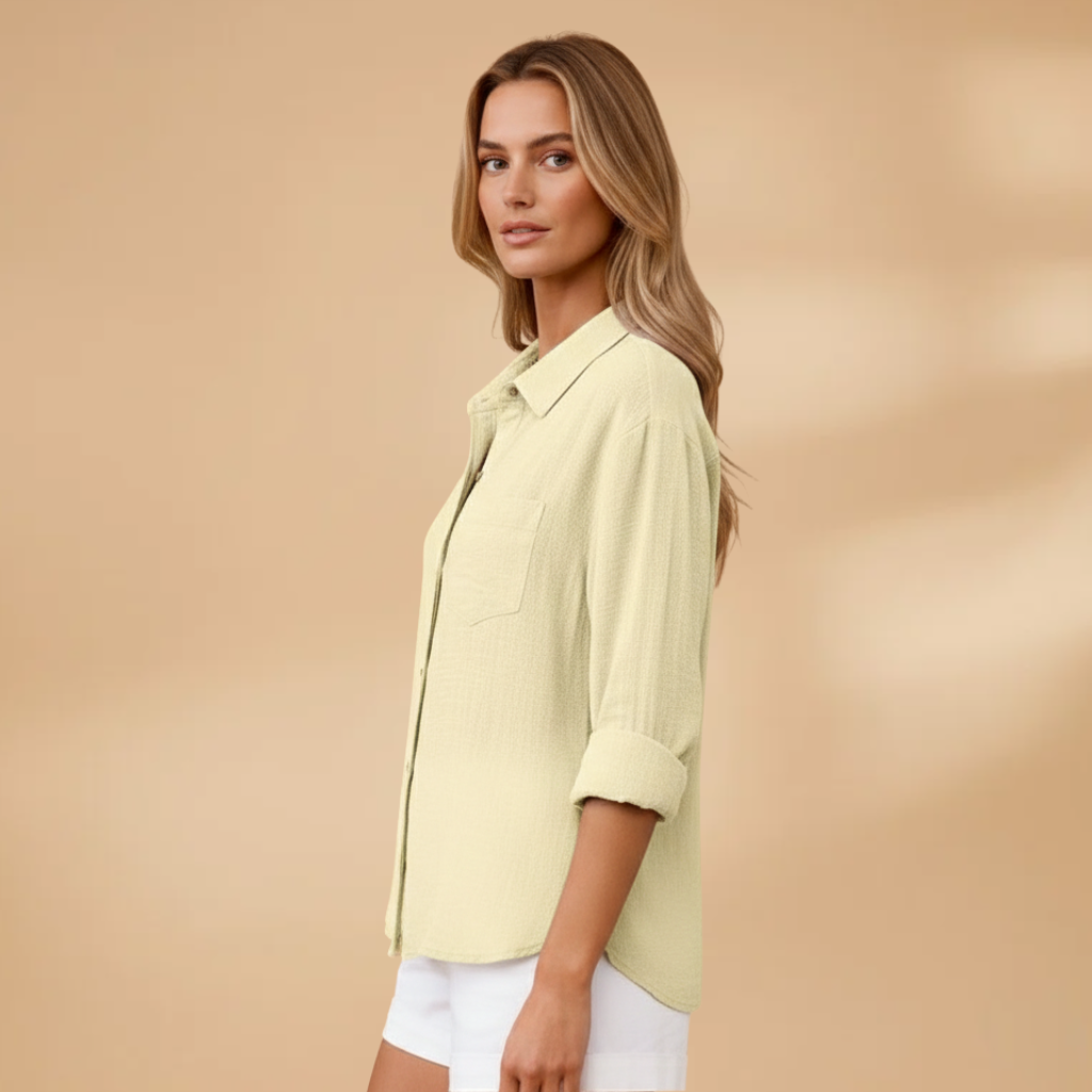Short buttoned tunic for women — fitted solid top without pockets — product view
