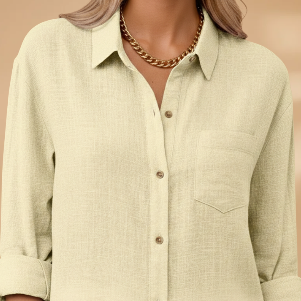 Short buttoned tunic for women — fitted solid top without pockets — product view