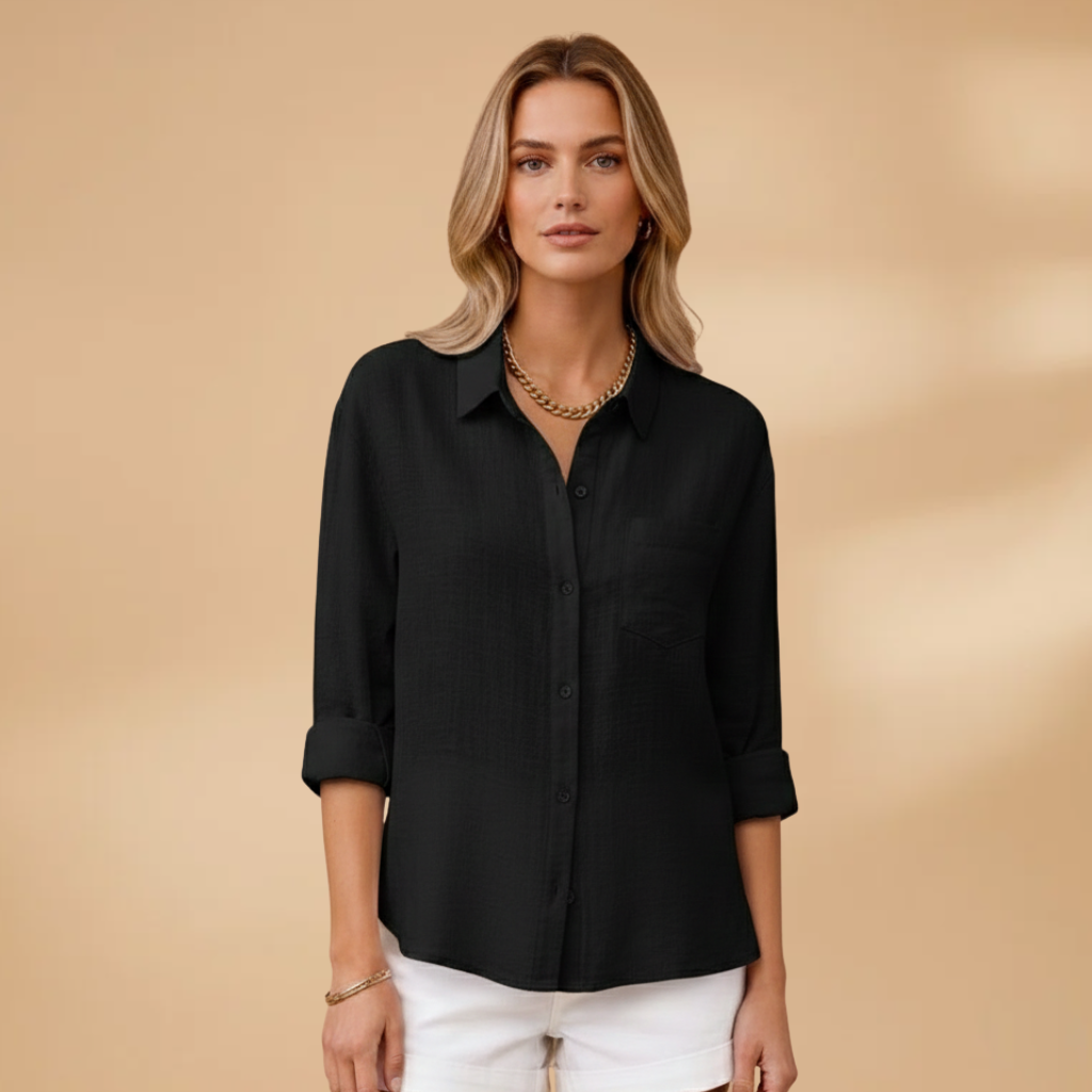 Short buttoned tunic for women — fitted solid top without pockets — Black