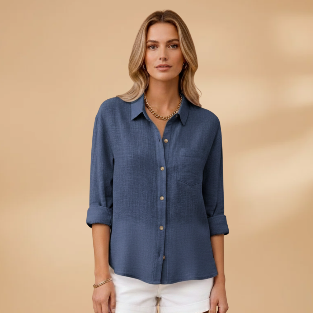 Short buttoned tunic for women — fitted solid top without pockets — Blue