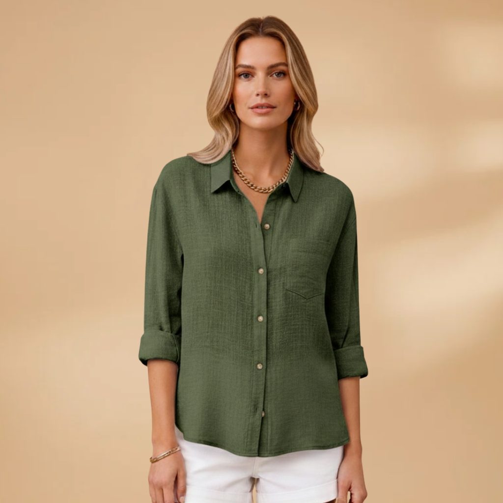 Short buttoned tunic for women — fitted solid top without pockets — Green