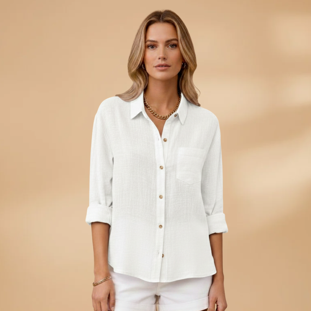 Short buttoned tunic for women — fitted solid top without pockets — White