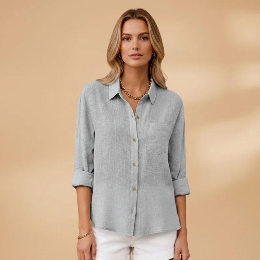 Short buttoned tunic for women — fitted solid top without pockets — Grey