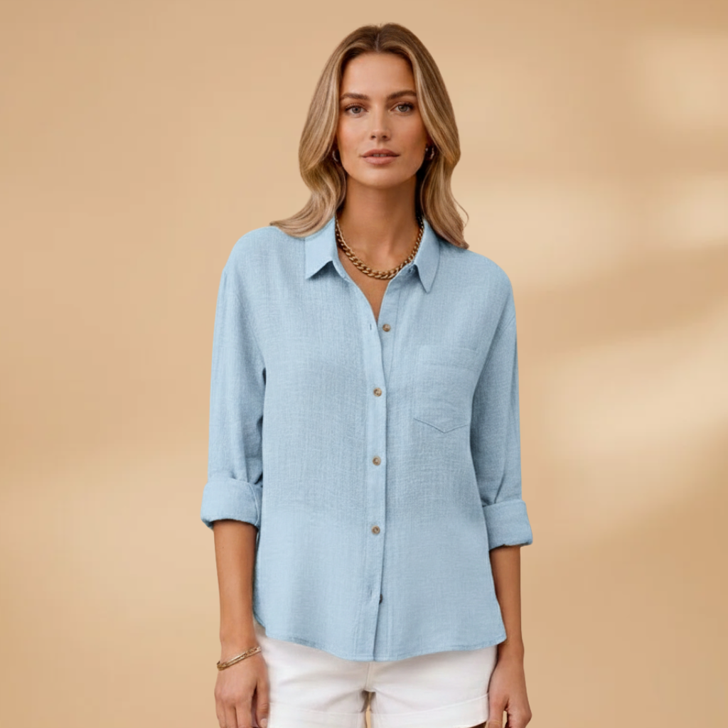 Short buttoned tunic for women — fitted solid top without pockets — Light Blue